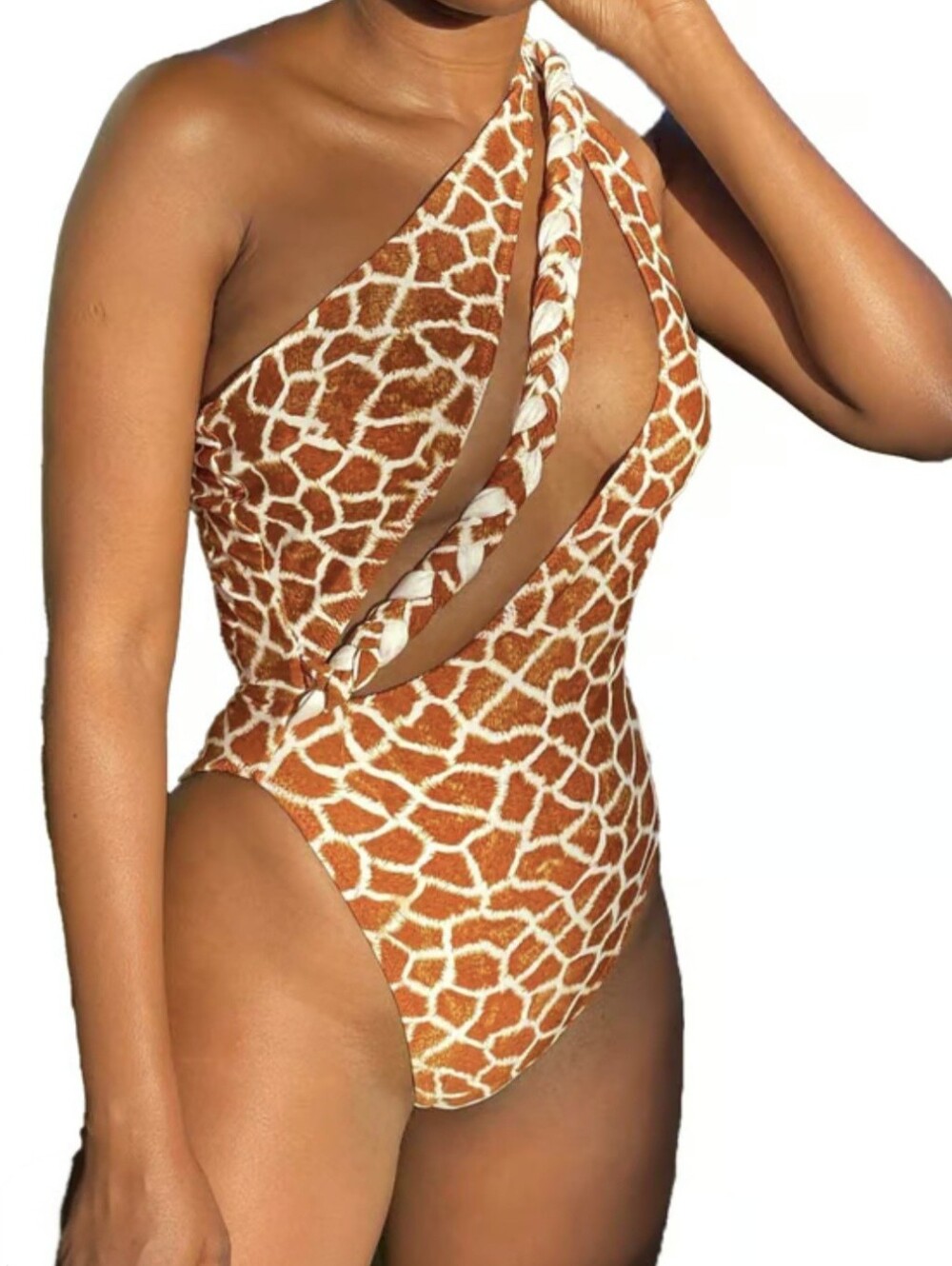 One Shoulder Giraffe Print Cutout One-Piece Swimsuit | Braided Strap Detail
